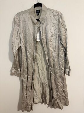 NWT Eileen Fisher crinkle satin stand color Long Button-Front jacket pebble M